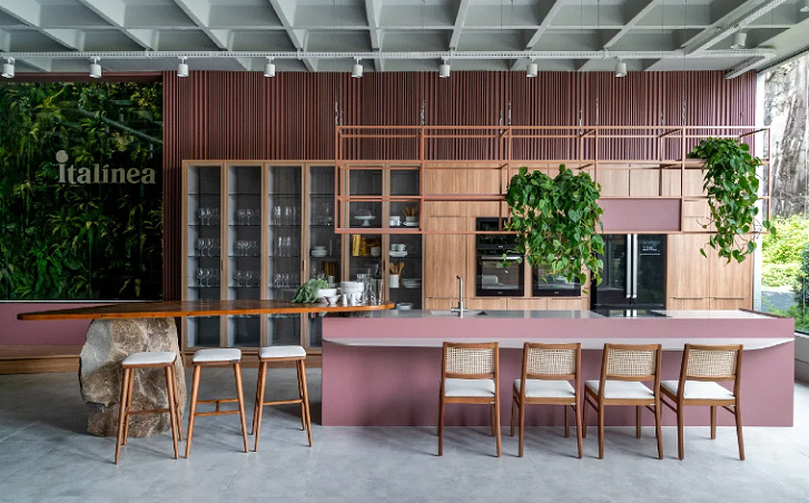 Armários de cozinha modulada rosa com adornos de plantas