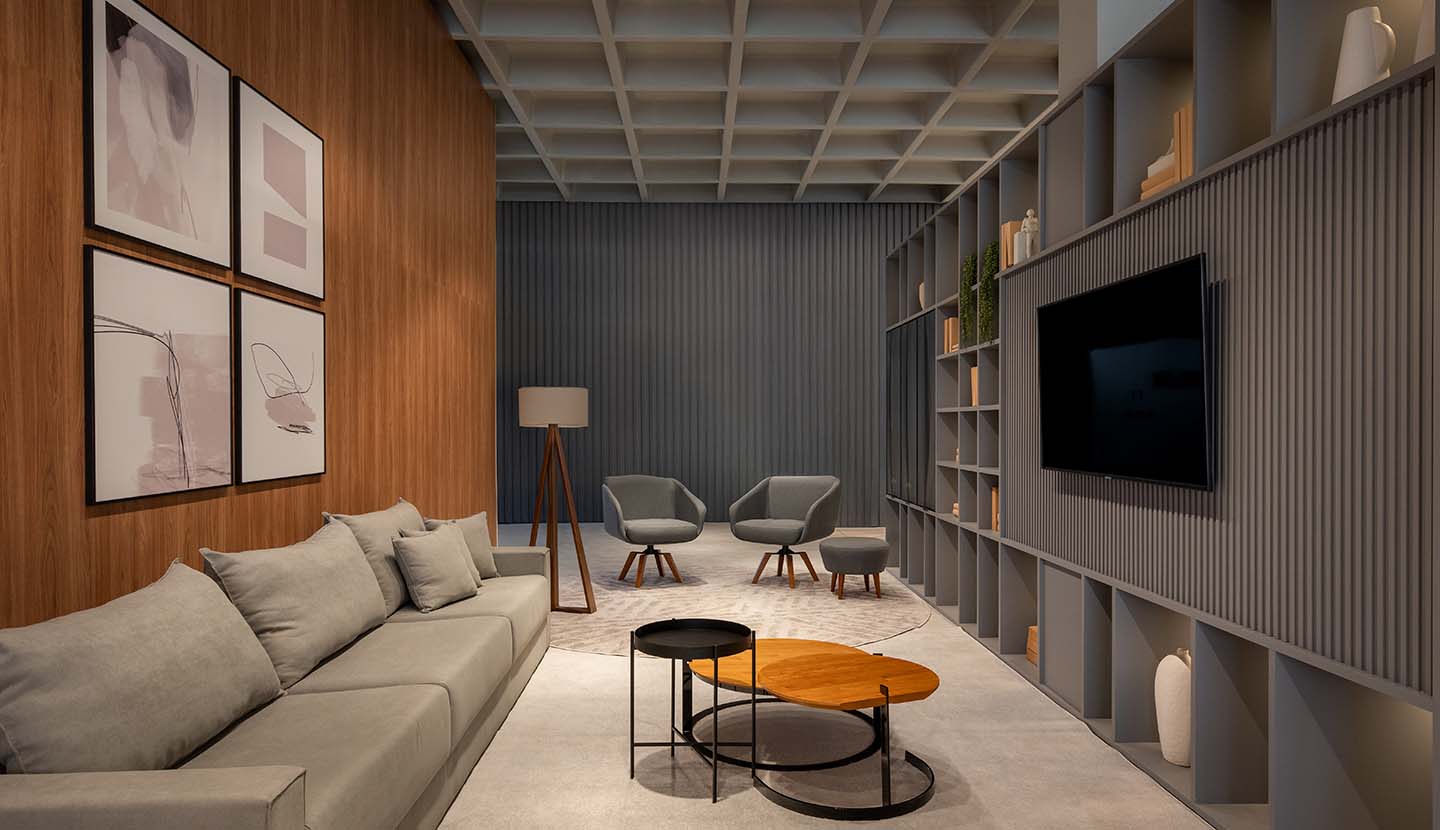 sala de estar feita com móveis modulados Italínea Planejados - Movelaria Midori Aclimação - São Paulo