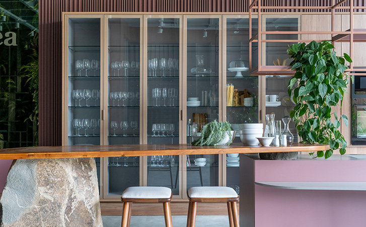 Armários de cozinha modulada rosa com plantas